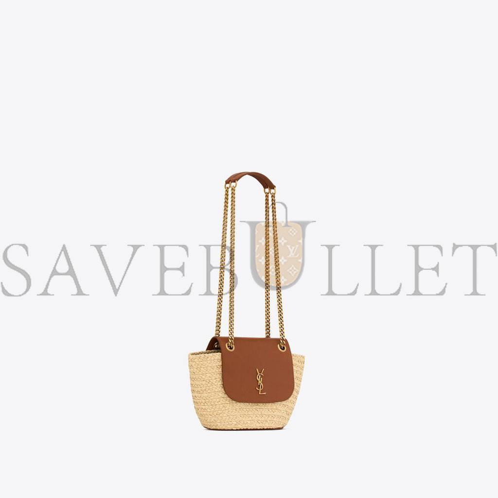 YSL MINI MANON IN RAFFIA AND AGED VEGETABLE-TANNED LEATHER 774269GAAED9051 (23*12*6cm)